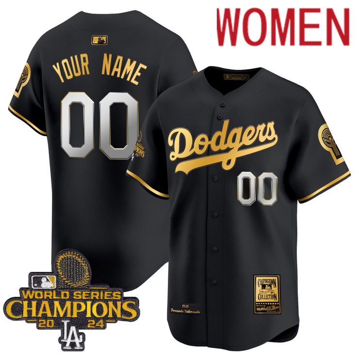 Women MLB Los Angeles Dodgers Custom black 2024 World Series Champions Patch Cooperstown Jersey style3